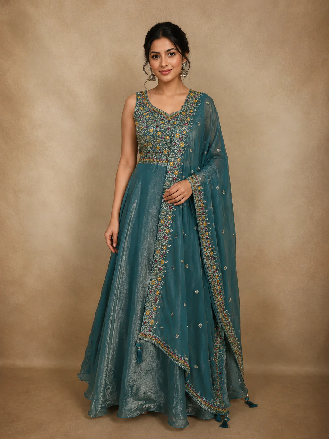 Soft Dusty Teal Blue Floral Thread Embroidered Design Organza Gown with Dupatta